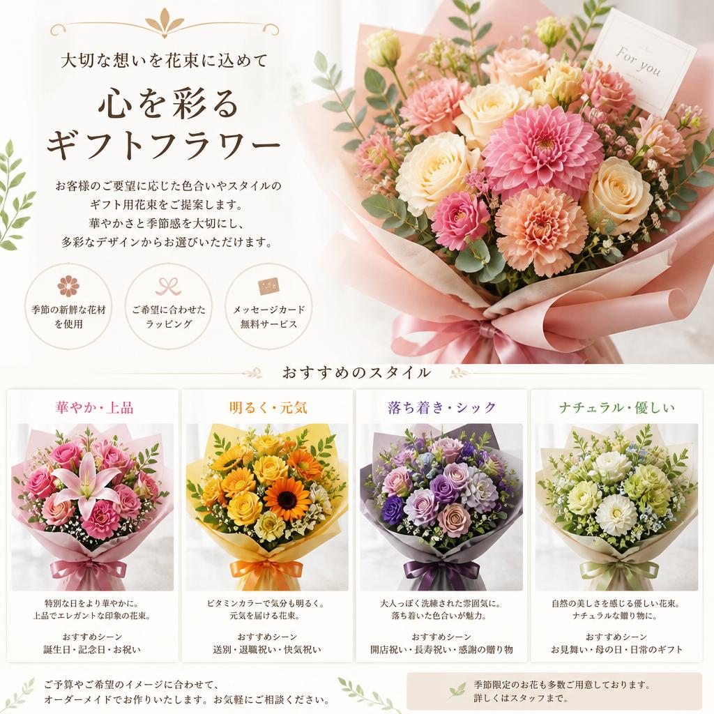 豊富な種類から選べる、ギフト用花束